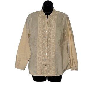 Coldwater Creek Beige Cotton Embroidered Button-Down Blouse With Mandarin Collar